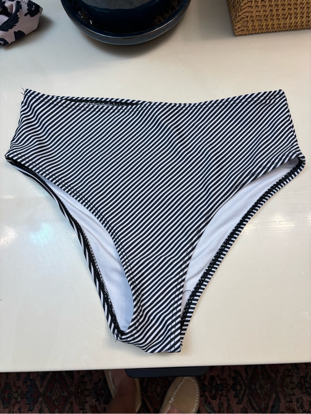 High-Waist Black & White Striped Bikini Bottom - S